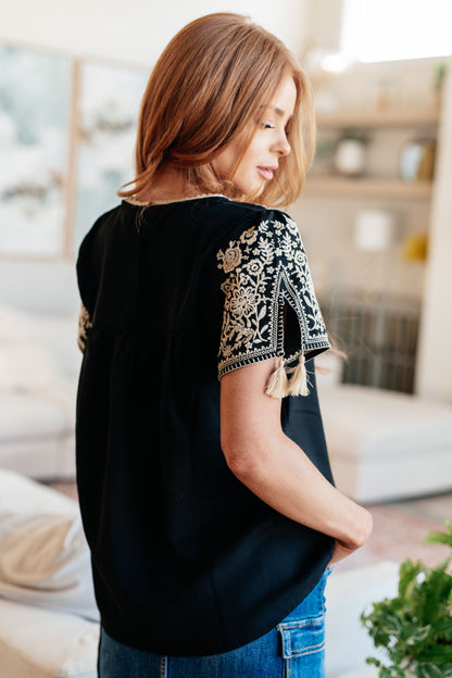 Try Again Embroidered Top in Black