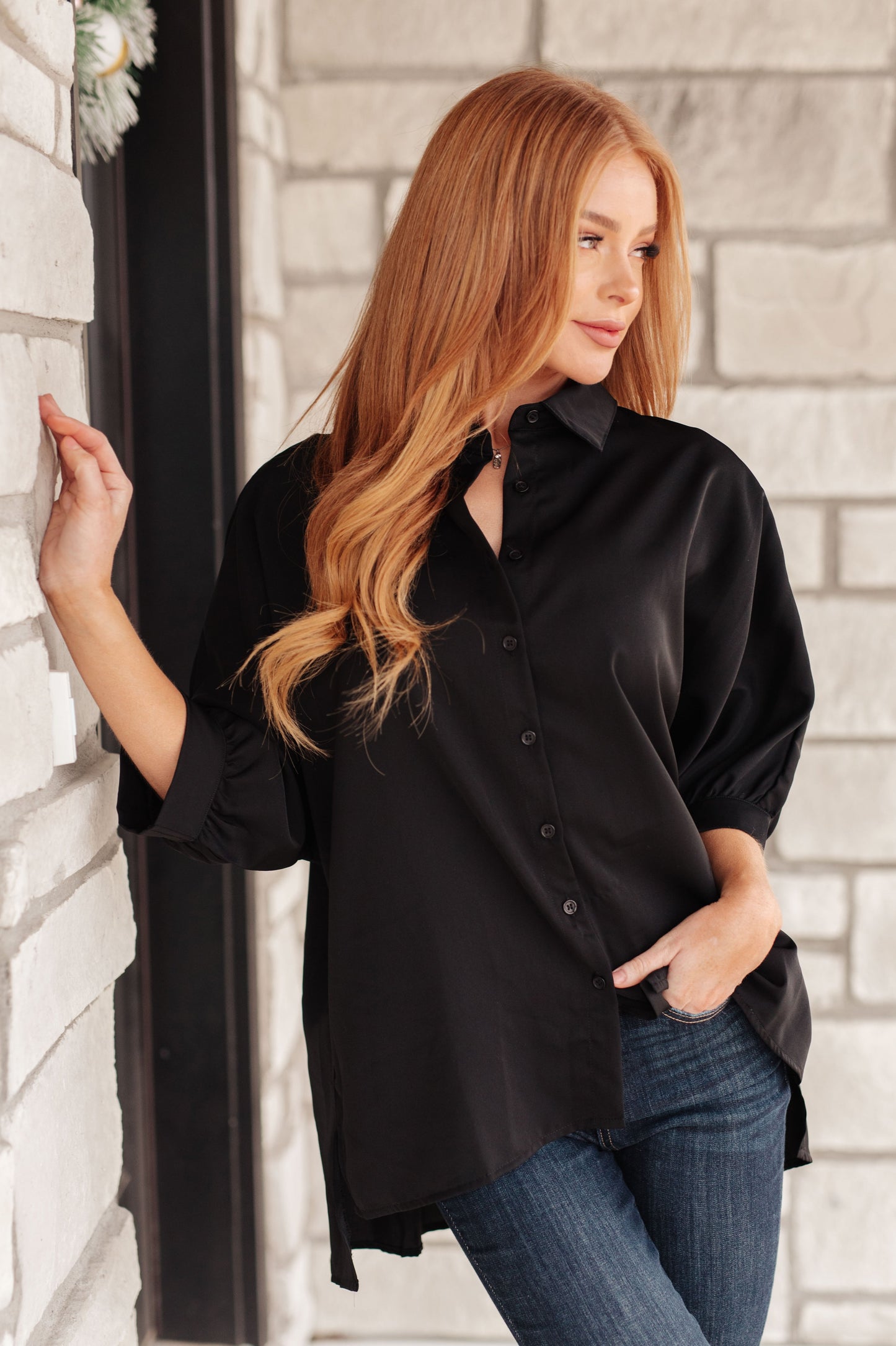 Turned Out Perfect Oversized Button Down Shirt in Black
