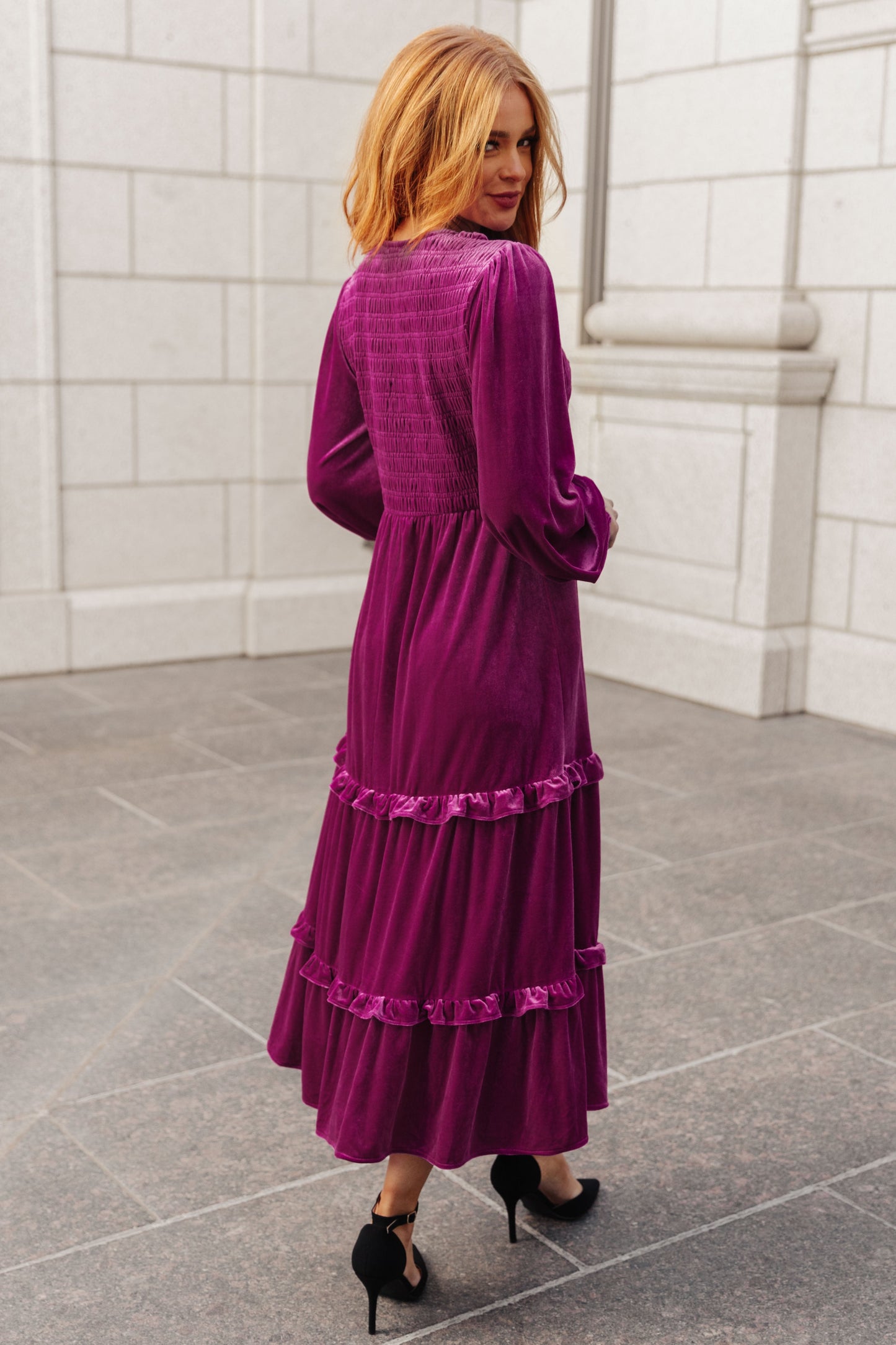 Velvet Flamenco Maxi Dress in Magenta Haze