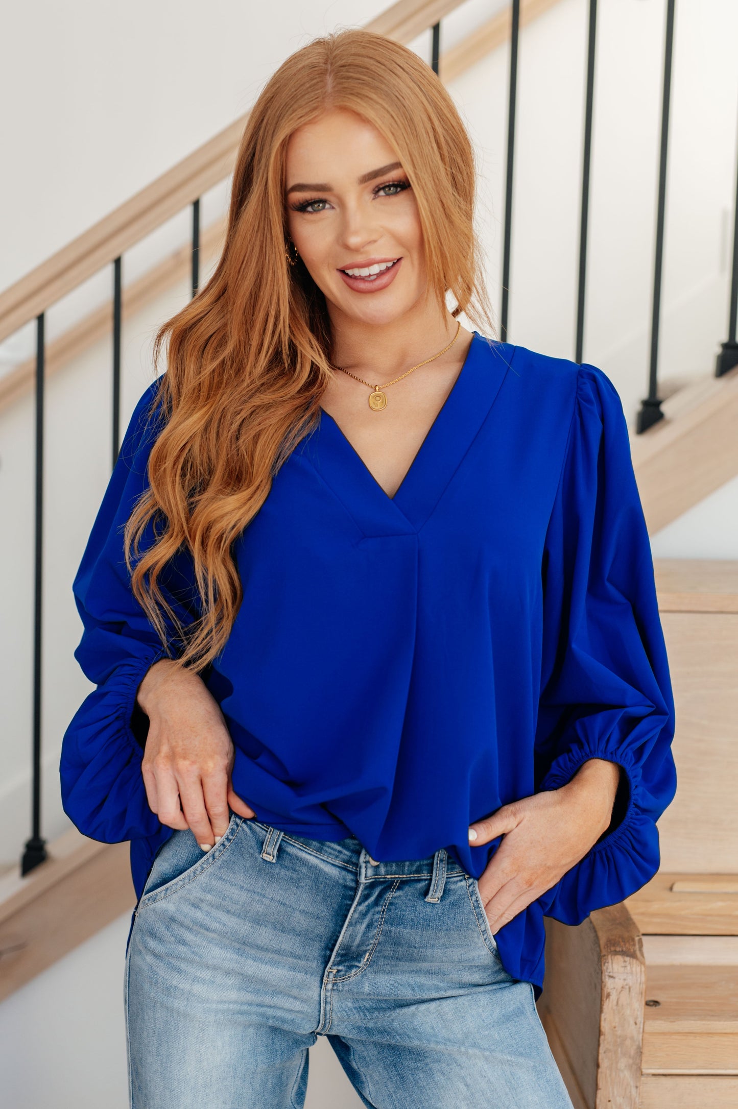 What Do You Say Balloon Sleeve Blouse in Resolution Blue