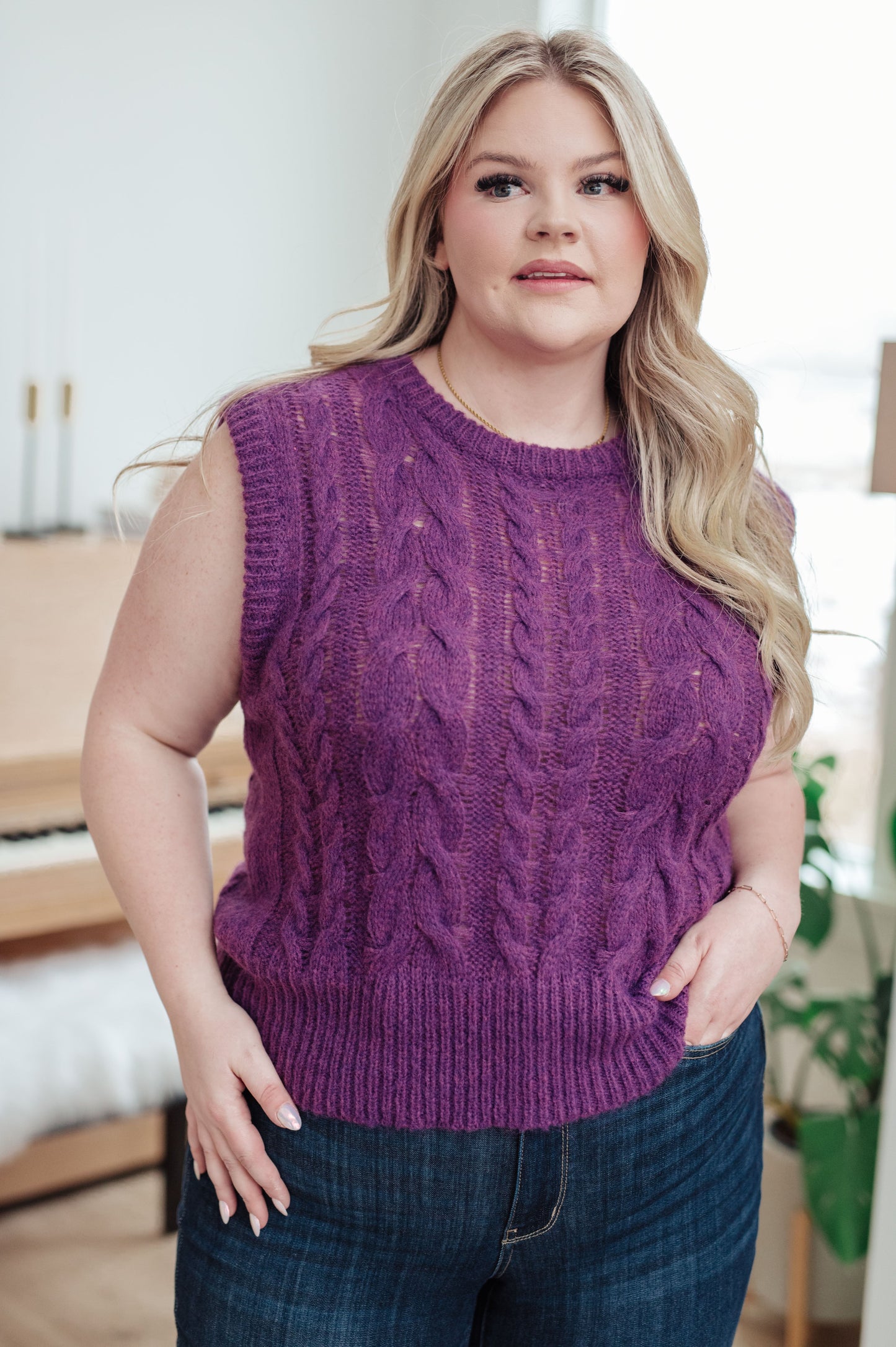 What's On Your Mind Cable Knit Vest in Royal Lilac