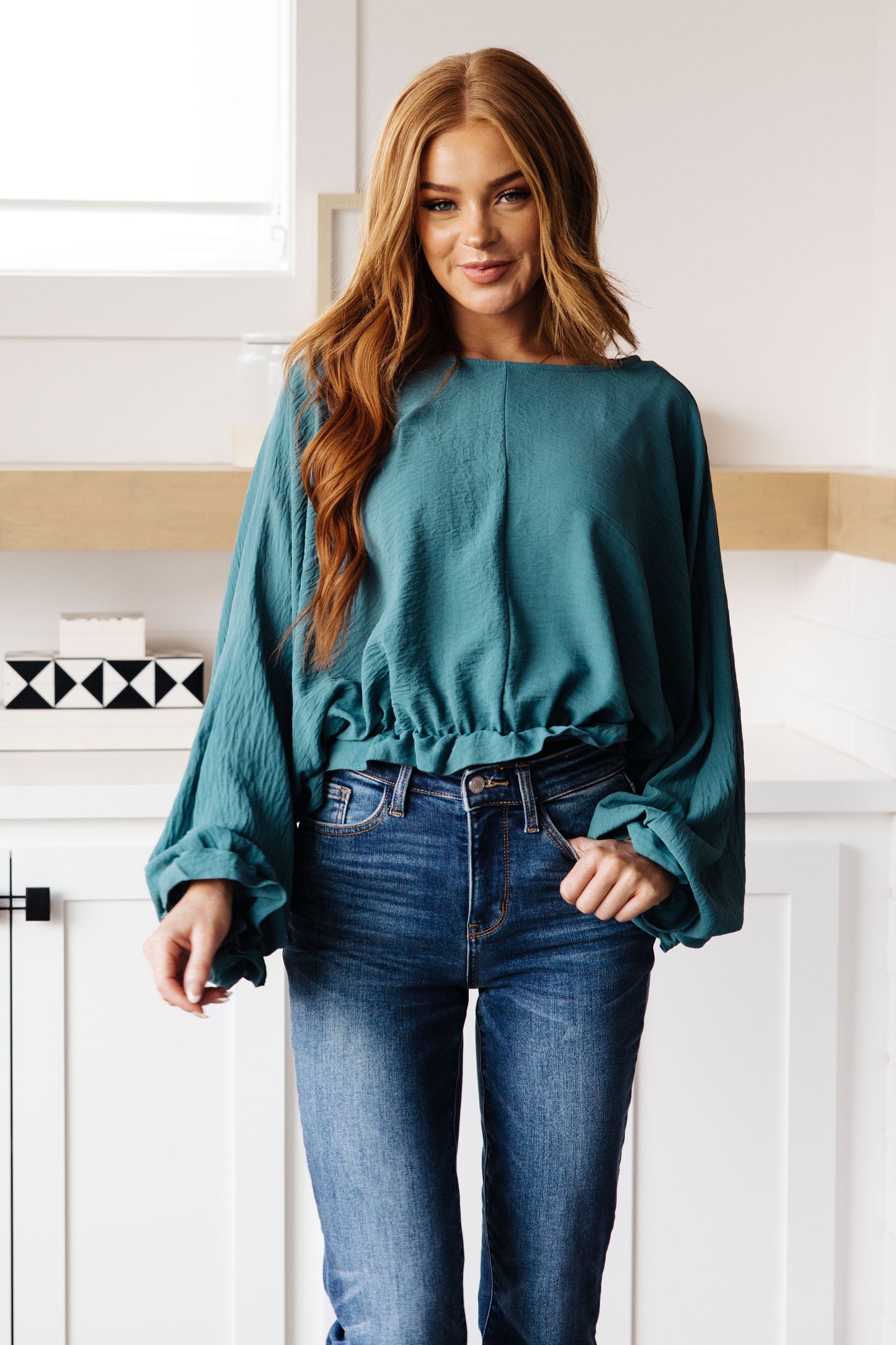 Winging It Ruffle Detail Top in Storm Blue