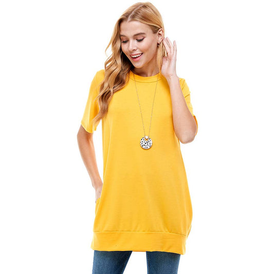 Egg Yolk Yellow Crew Neck Short Sleeve Tunic With Pockets | 4 sizes